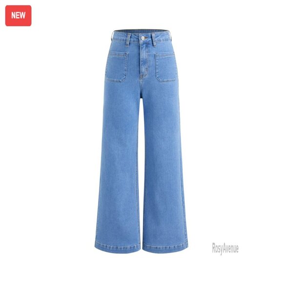 Denim - High Waisted Wide Leg Cropped Jeans Stretchy Denim Flared Pants with Pockets